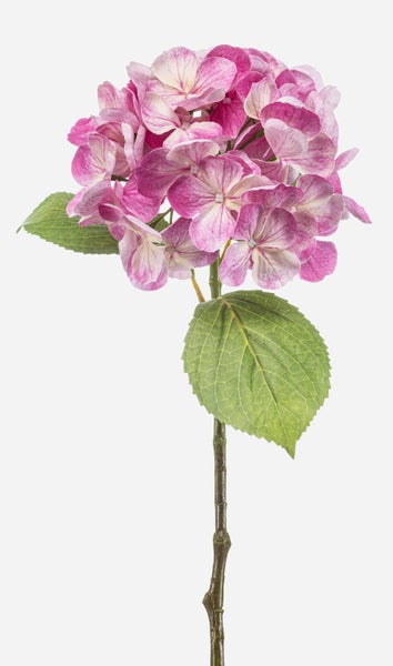 Künstliche Hortensie mit rosa Blüten und grünen Blättern.