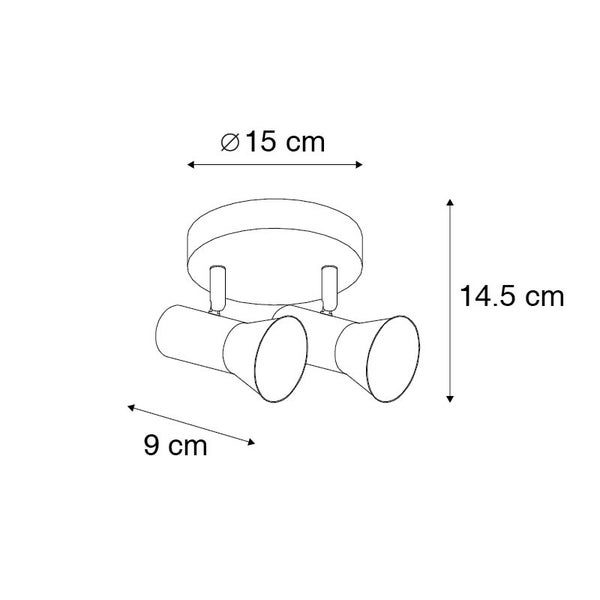 Zeichnung einer Deckenleuchte mit zwei Strahlern und Maßangaben