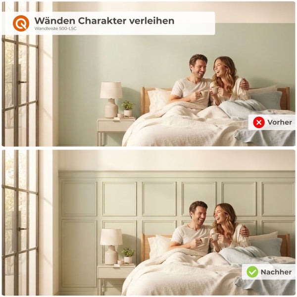 Ein Paar sitzt in einem Schlafzimmer vor einer glatten Wand und anschließend vor einer Wand mit dekorativen Wandleisten Modell 500-LSC.