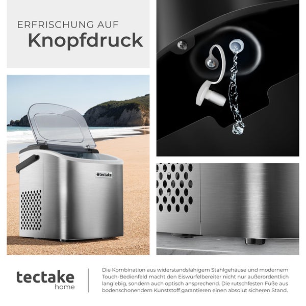 Eiswürfelmaschine tectake Arctic inklusive Eiskorb und Eisschaufel 1,2 l Wassertank, 2 Eiswürfelgrößen silber