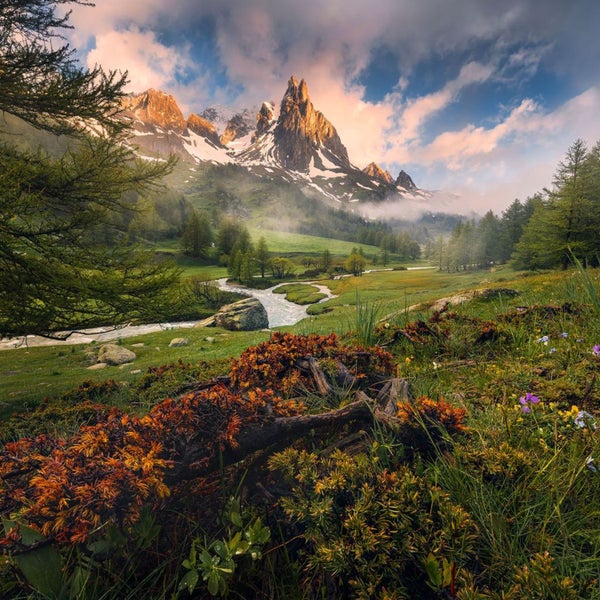 Malerische Landschaft mit Fluss, Wiesen und schneebedeckten Bergen