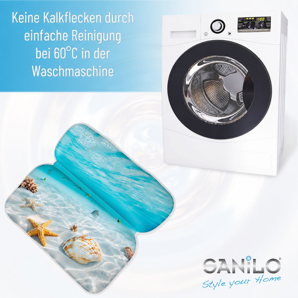 Sanilo WC Vorleger mit Strandmotiv, bei 60 Grad Celsius in der Waschmaschine waschbar zur Vermeidung von Kalkflecken.