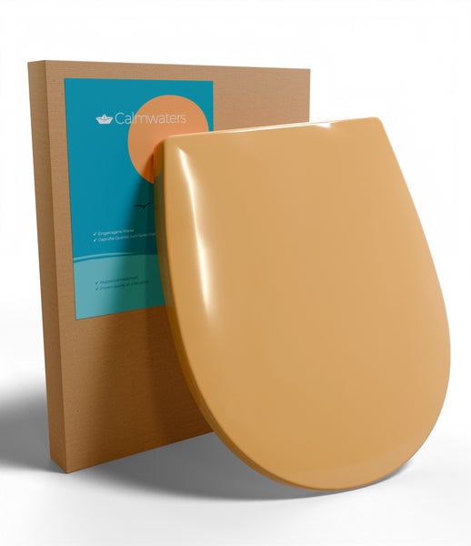 Ein beigefarbener WC Sitz in D Form vor einer Produktverpackung mit dem Calmwaters Logo.