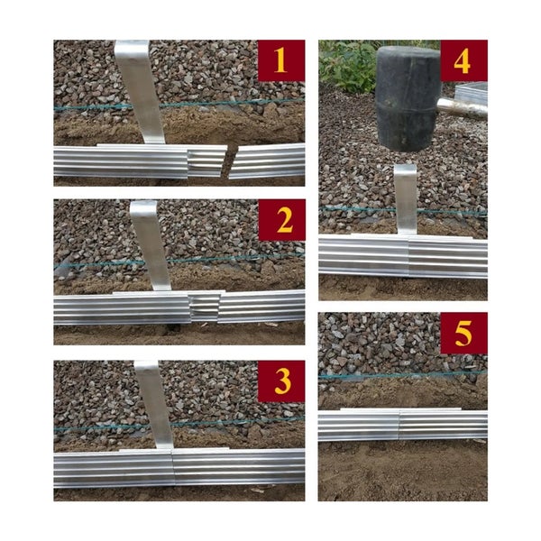 Schritt-für-Schritt-Anleitung zur Montage einer Metall-Rasenkante mit Erdankern im Garten mit einem Gummihammer.