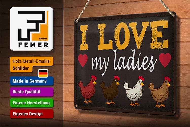 Blechschild Spruch 30x20cm Hühner i love my ladies