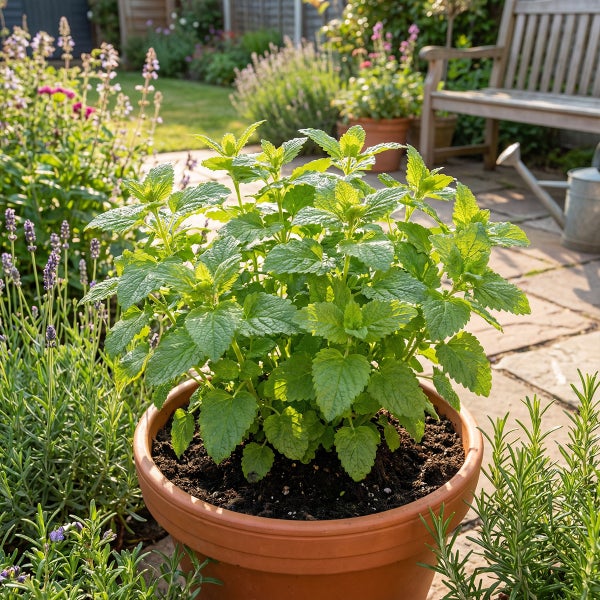 Zitronenmelisse in einem Terrakottatopf auf einer sonnigen Terrasse mit Gartenpflanzen und einer Holzbank im Hintergrund.