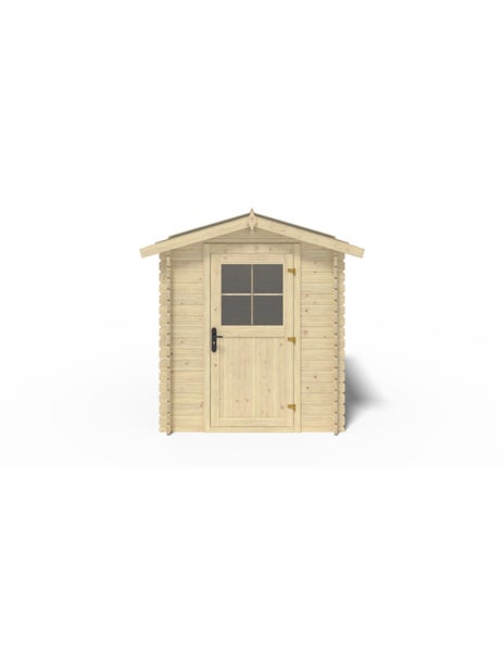 Gartenhaus aus hellem Holz mit Satteldach und einer Einzeltür mit Fensterkreuz.