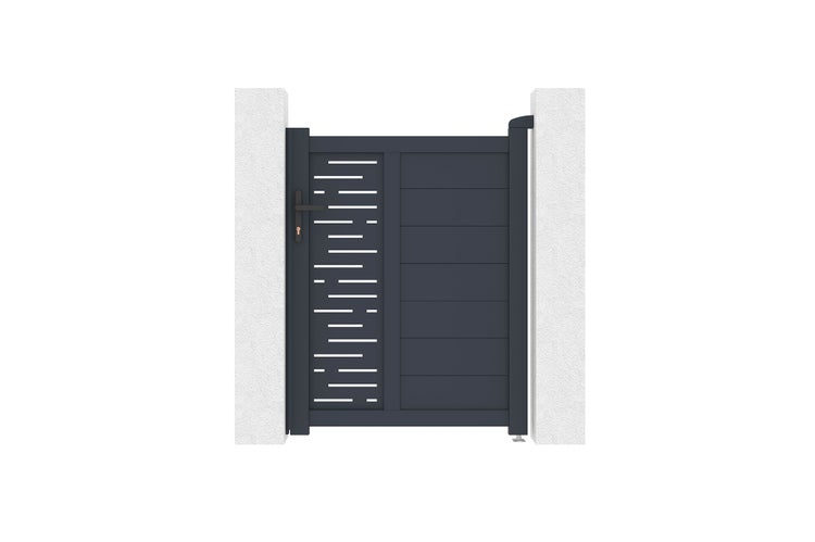 Einflügeliges Gartentor aus Aluminium im modernen Design mit horizontalen Lamellen und Sichtschutzelementen zwischen zwei Pfosten.