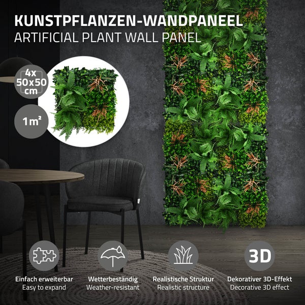Kunstpflanzen Wandpaneel Set aus vier Platten zur vertikalen Begrünung mit wetterfester und realistischer Struktur für den Innen und Außenbereich