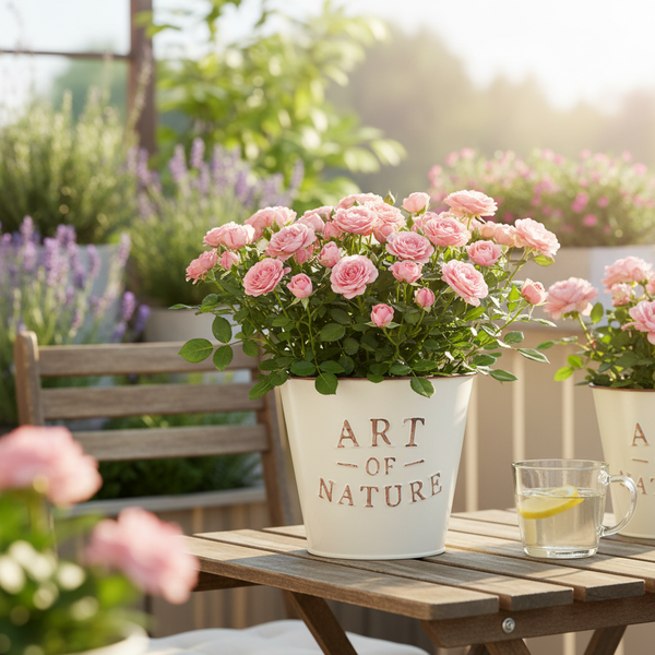 Rosa Zwergrosen in einem weißen Metalltopf mit der Aufschrift Art of Nature auf einem Holztisch in einem hellen, sonnigen Garten.