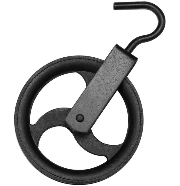 Eine Seilrolle aus Metall mit einem stabilen Haken zur Befestigung.