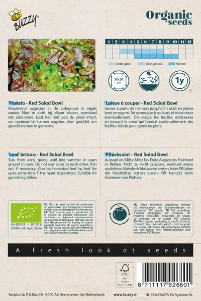 Bio-Saatgutpackung roter Pflücksalat mit Anbauinformationen und Symbolen