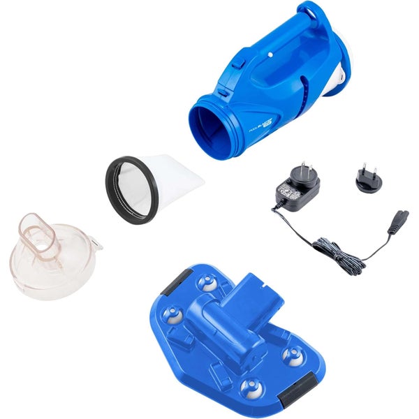 Blaues Akku-Poolsauger-Set bestehend aus Handgerät, Saugkopf, Filterbeutel, transparenter Düse und Ladegerät für die Poolreinigung.
