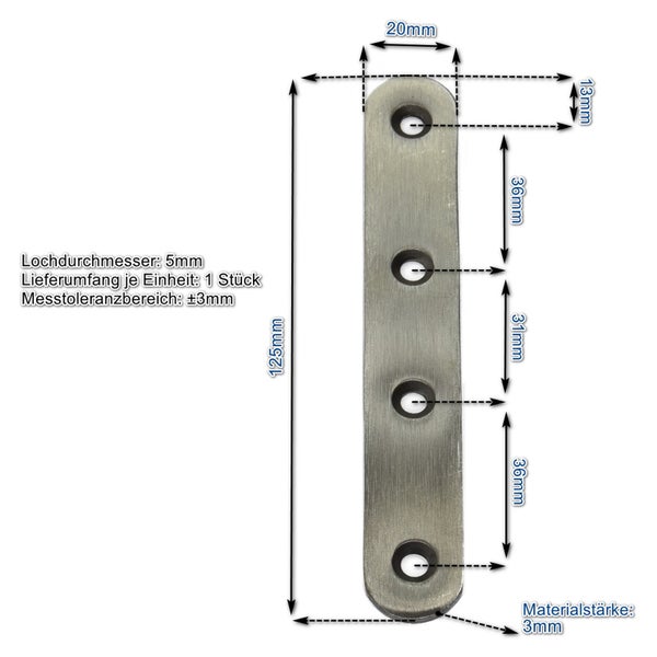Flachverbinder aus Metall, 125 Millimeter lang, mit vier Montagelöchern inklusive technischer Maßzeichnung.