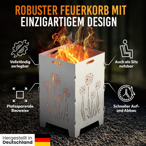 Feuerkorb aus Stahl mit Aussparungen im Blumenmuster und dem Siegel Hergestellt in Deutschland.