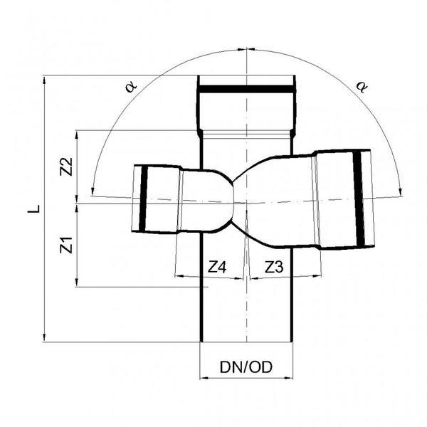Technische Zeichnung eines Doppelabzweigs mit Maßangaben für Längen, Durchmesser und Winkel.
