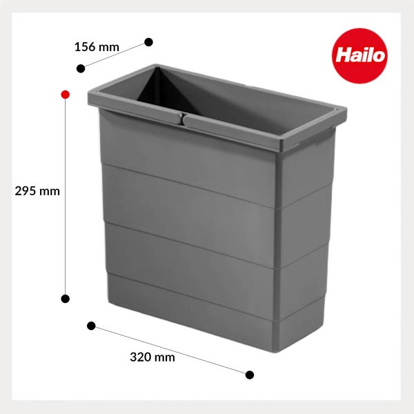 Grauer Hailo Abfalleimer aus Kunststoff, Maße 320 Millimeter mal 156 Millimeter mal 295 Millimeter. Hailo Logo.