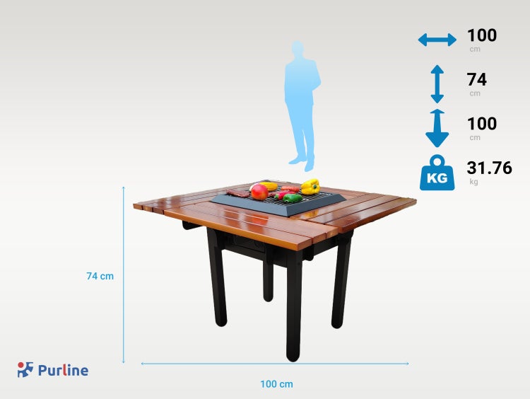 Purline Grilltisch aus Holz mit integriertem Grill, Breite 100 Zentimeter, Tiefe 100 Zentimeter, Höhe 74 Zentimeter, Gewicht 31,76 Kilogramm.