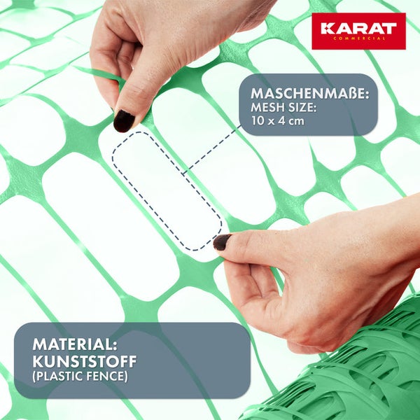 Grüner Kunststoffzaun mit Maschenmaß 10 mal 4 Zentimeter, Karat Commercial Logo.