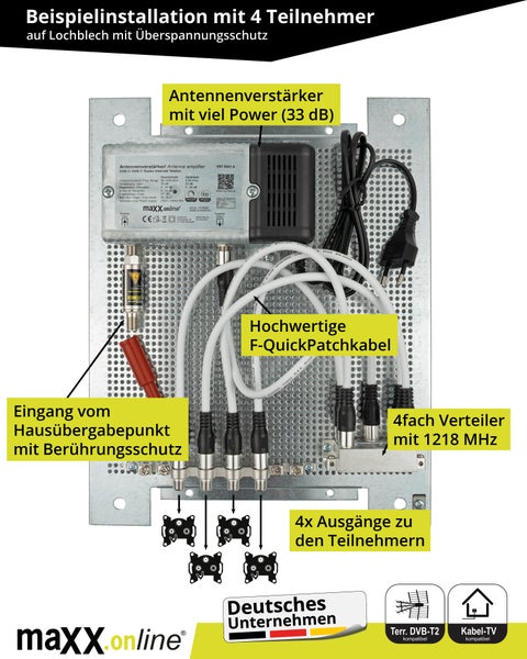 Beispielinstallation mit Antennenverstärker, F-Quickpatchkabeln und Überspannungsschutz auf einer Lochblechplatte.