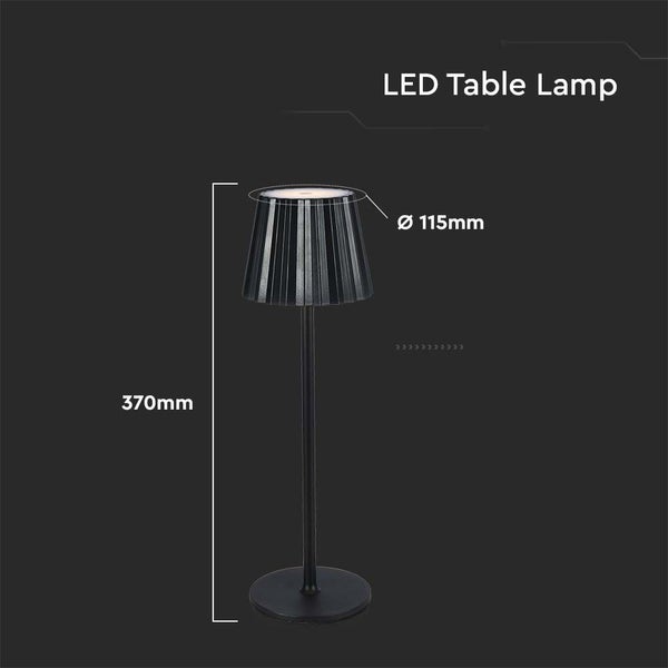 LED-Tischleuchte mit einer Höhe von 370 mm und einem Durchmesser von 115 mm.