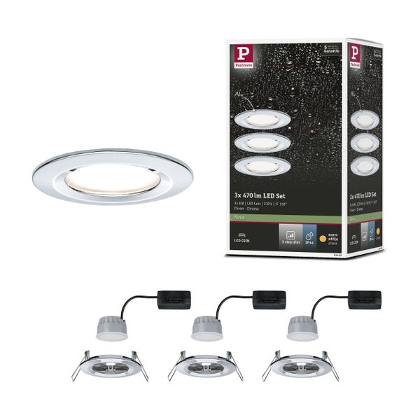 LED Einbauleuchte 3-Step-Dim Nova Coin Basisset starr IP44 rund 78mm Coin 3x6W 3x470lm 230V dimmbar 2700K Chrom