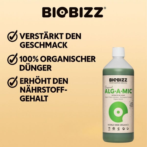 BioBizz Logo, Flasche BioBizz Alg-A-Mic, verstärkt den Geschmack, einhundert Prozent organischer Dünger, erhöht den Nährstoffgehalt.