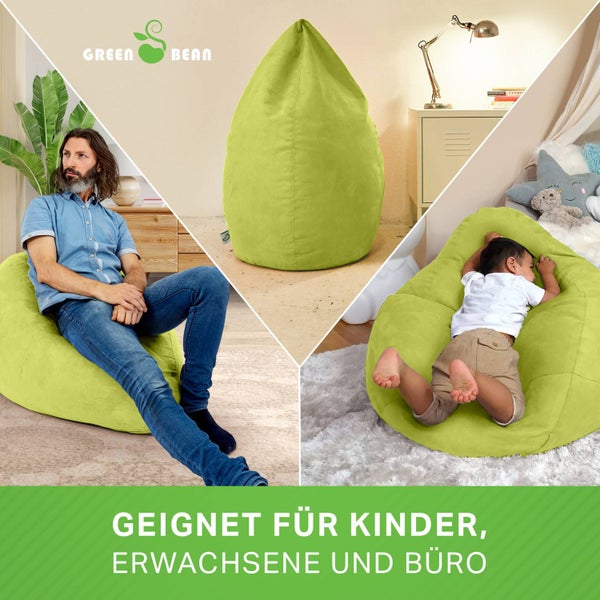 Green Bean Sitzsack mit Rückenlehne 60x60x90cm - Indoor Sitzkissen 220L Füllung Kuschelig Waschbar - Bean Bag Bodenkissen Lounge Chair Sitzhocker - Grün
