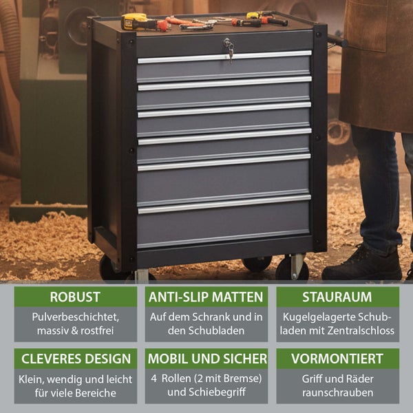 Werkzeugwagen mit sieben Schubladen und Werkzeugen auf der Oberseite