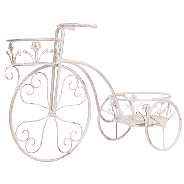 Deko-Fahrrad als Blumenständer aus Metall in Weiß im Vintage-Stil mit zwei Blumenkörben und Verzierungen.