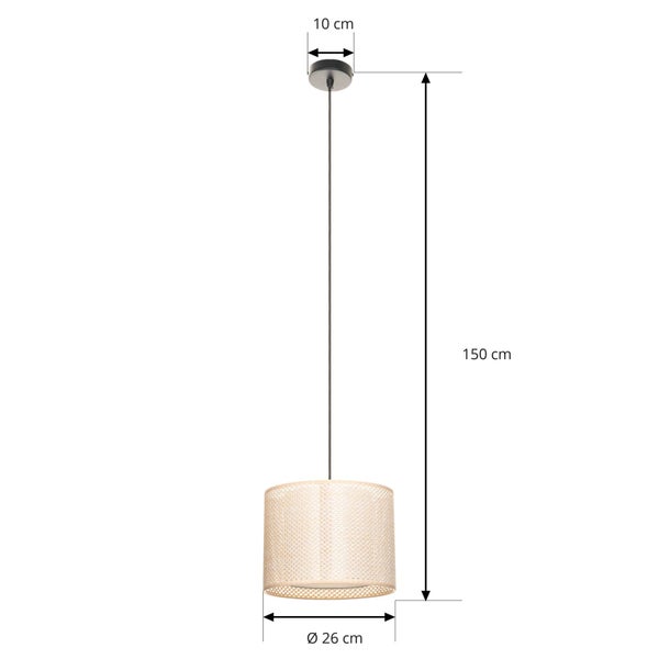 Pendelleuchte mit geflochtenem Schirm, Höhe 150 Zentimeter, Schirmdurchmesser 26 Zentimeter, Baldachindurchmesser 10 Zentimeter.