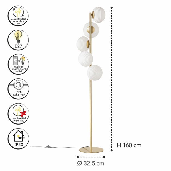 Stehlampe mit fünf weißen strukturierten Glaskugeln, messingfarbenem Gestell, Höhe 160 Zentimeter, Durchmesser 32,5 Zentimeter, E27, Trittschalter.