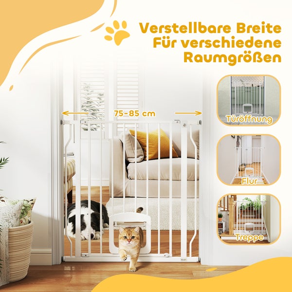 Verstellbares Türschutzgitter mit Kleintiertür, Breite 75 bis 85 Zentimeter, für Türöffnungen, Flure und Treppen.