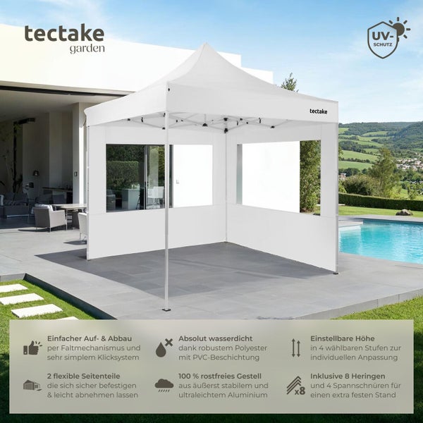 Heller tectake Faltpavillon aus Polyester und Aluminium auf einer Terrasse am Pool. Mit Seitenteilen, Fenstern, Sonnenschutz. tectake garden Logo.
