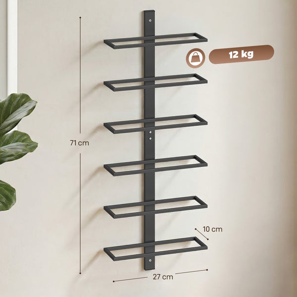Wandmontiertes Weinregal aus Metall mit sechs Ebenen für Flaschen, Hoehe 71 Zentimeter, Breite 27 Zentimeter, maximale Traglast 12 Kilogramm.