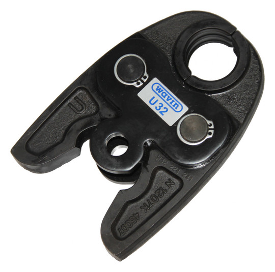 Wavin Pressbacke U32 aus Metall für Rohrverbindungen. Wavin Logo.
