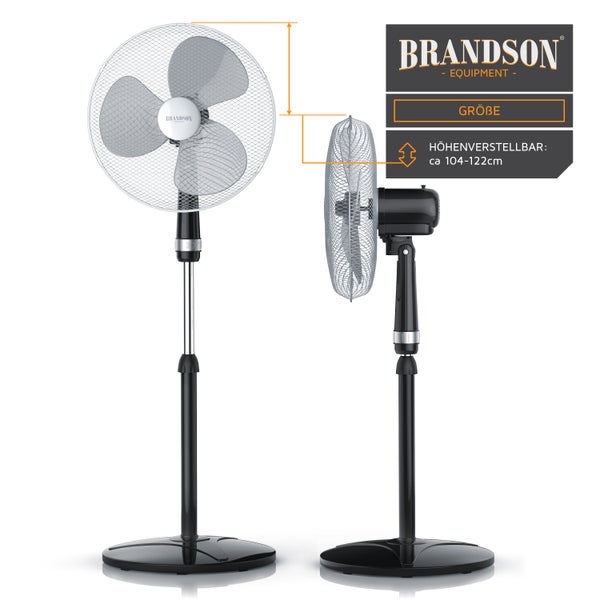 Brandson Standventilator 40cm, Ventilator Standfuß höhenverstellbar, hoher Luftdurchsatz, 3 Leistungsstufen, 80° Oszillation, Schwarz/Silber