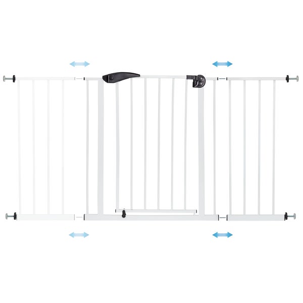 ECD Germany Türschutzgitter für Kinder, Hunde und Katzen, 105-115cm mit 30cm Verlängerung, ohne Bohren, Weiß, beidseitig, Selbstschließend, Metall-Gitter zum Klemmen, Treppenschutzgitter Absperrgitter