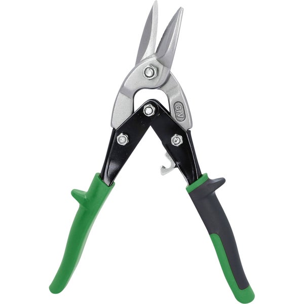 Blechschere aus Chrom-Vanadium-Stahl mit ergonomischen Kunststoffgriffen und Sicherheitsverriegelung.