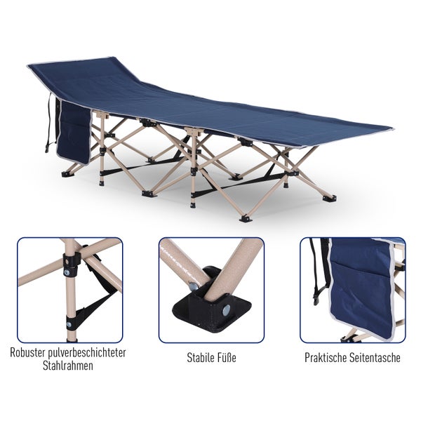 Outsunny Feldbett mit Aufbewahrungstasche, Faltbares Campingbett, Campingliege, Inkl. Tragetasche, Stahl Oxford, Blau, 190 x 68 x 52 cm