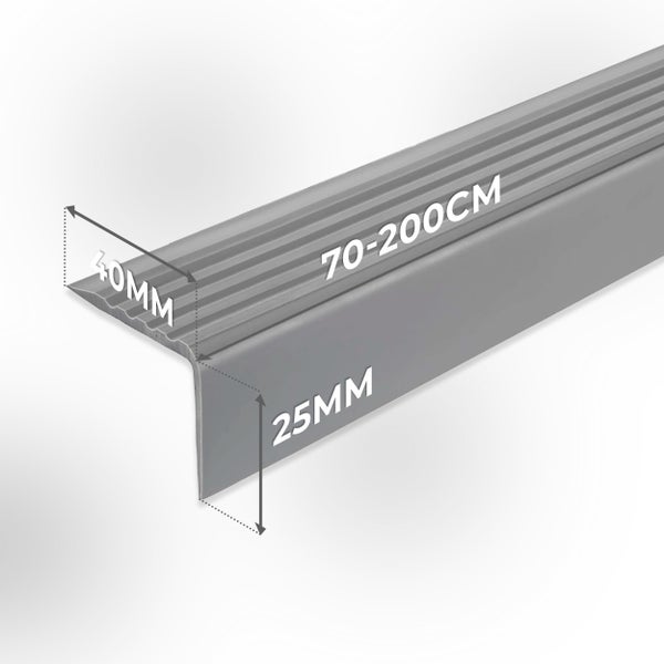 Treppenkantenprofil aus Kunststoff mit gerippter Oberfläche, Breite 40 Millimeter, Höhe 25 Millimeter, Länge 70 bis 200 Zentimeter.