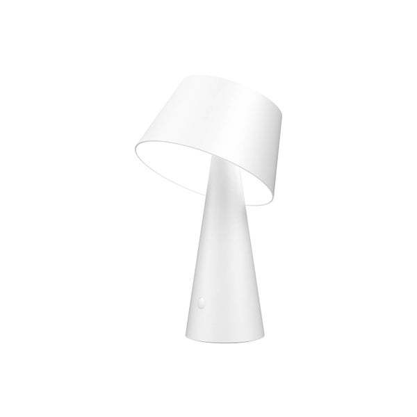 Weiße Tischleuchte mit konischem Fuß und geneigtem Schirm, moderne Nachttischlampe aus Kunststoff.
