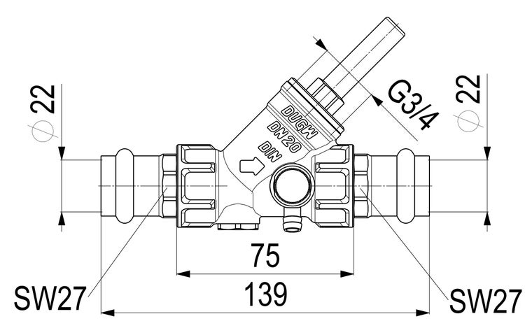 Technische Zeichnung eines Ventils Nennweite 20 mit Pressanschlüssen für 22 Millimeter Rohre und einer Gesamtlänge von 139 Millimetern.
