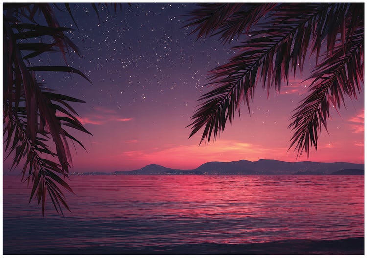 Nachtlandschaft mit Meer und Palmenblättern