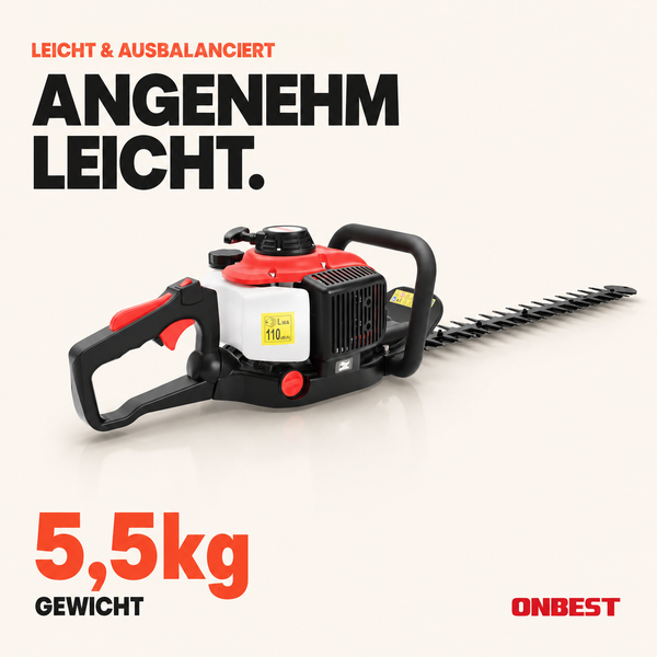 ONBEST Benzin-Heckenschere mit einem Gewicht von 5,5 Kilogramm. Das Gerät ist leicht und ausbalanciert.