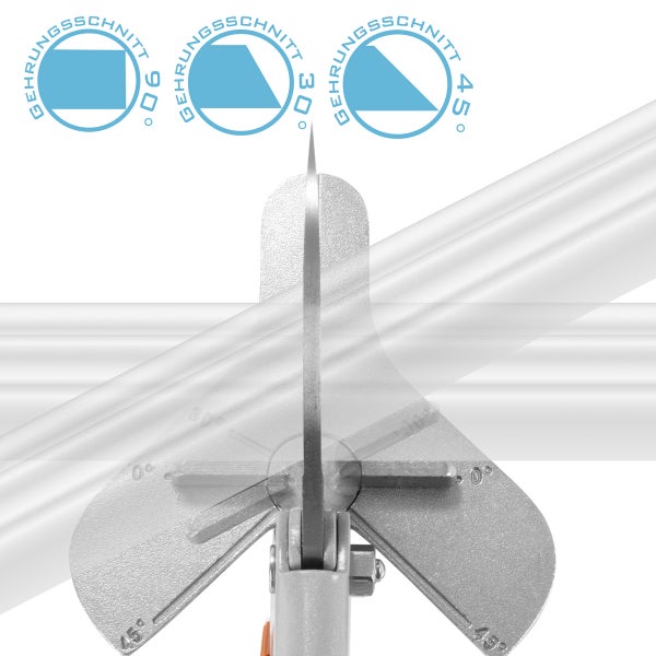 Gehrungsschere mit Markierungen für Gehrungsschnitte in Winkeln von 90 Grad, 30 Grad und 45 Grad.