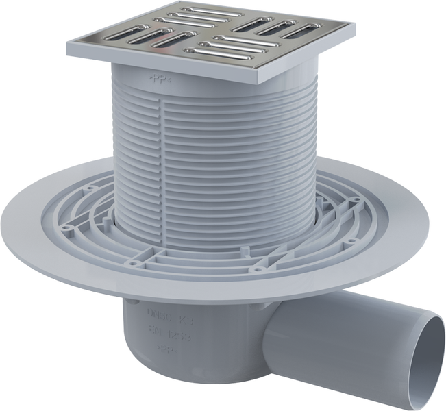 Bodenablauf mit quadratischem Edelstahlrost und waagerechtem Abgang.