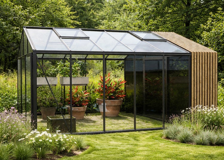 Gewächshaus aus Glas und schwarzem Metall mit vertikalen Holzlamellen im Garten, ausgestattet mit Topf- und Kübelpflanzen.