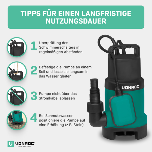 VONROC Tauchpumpe Schmutzwasserpumpe - Wasserpumpe für Schmutzwasser Keller - Gartenpumpe für sauberes oder leicht verschmutztes Wasser mit Schwimmer (900W - 1600l/h)