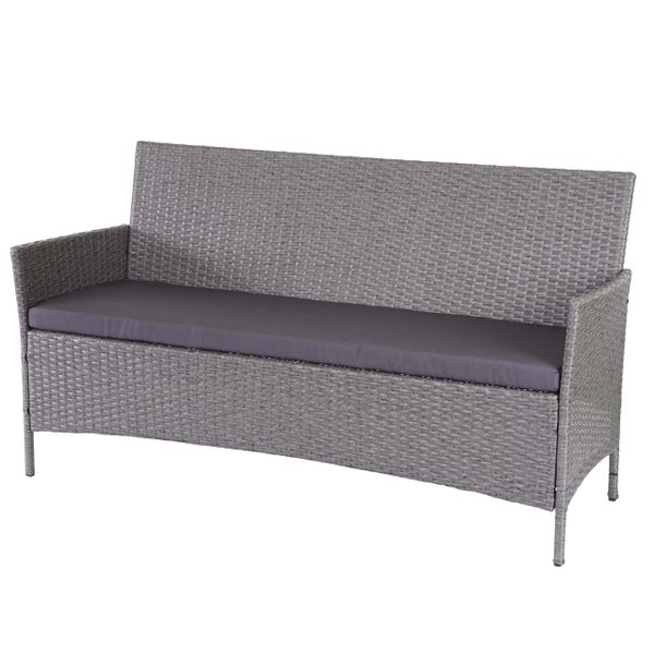 Dreisitzer Gartenbank aus grauem Polyrattan inklusive Sitzkissen.
